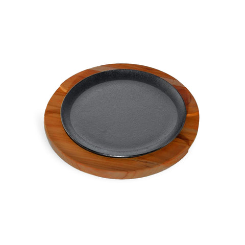 Round Sizzle Plate Cast Iron 190mm With Wood Base MODA 